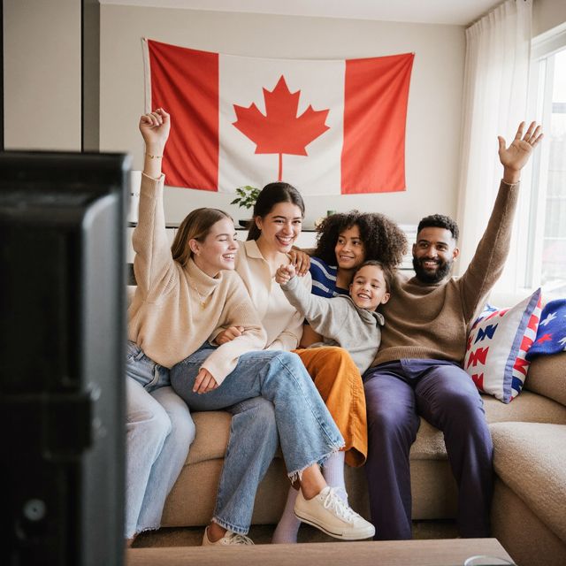 Canadian family cheering on the couch under a Canadian flag while watching live TV with Digital IPTV