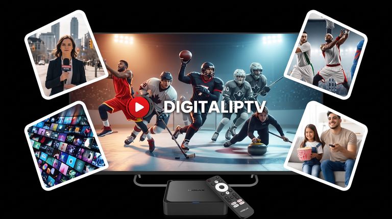 Digital IPTV Canada on a 4K TV showing live hockey, basketball, football and curling, surrounded by news, movies and family viewing, with an Android TV box and remote