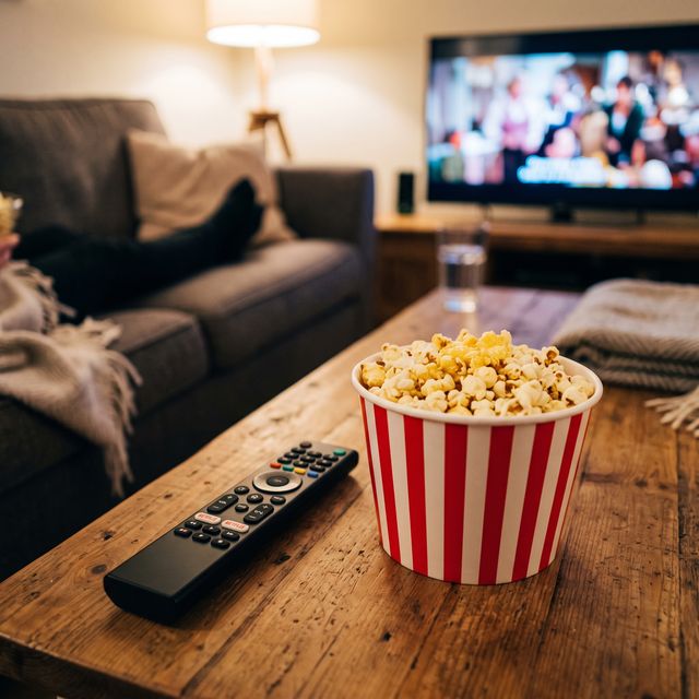 Movie night: striped popcorn bucket and TV remote on a wooden coffee table in front of a TV playing a film