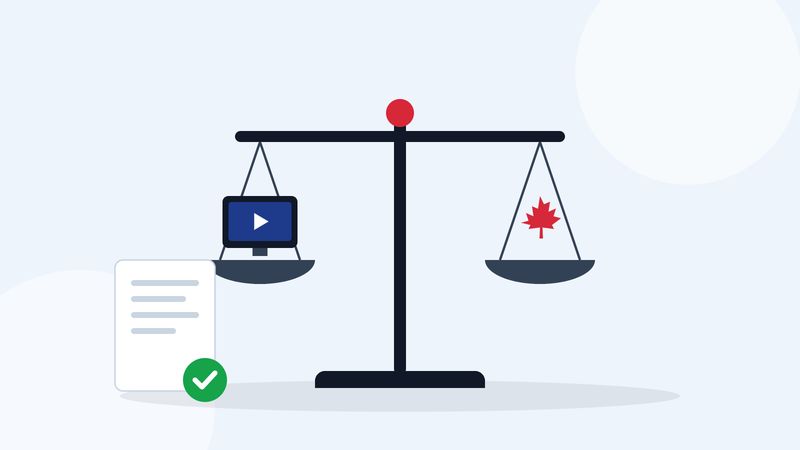Balance scale weighing a TV against a red maple leaf, illustrating the guide to IPTV law in Canada